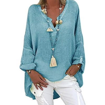 Tincini Linnen damesblouse Zomertuniek V-hals Grote maten T-shirt met lange mouwen Linnen Katoen Tops Bedrukt, Blauw XL Tincini Linnen damesblouse Zomertuniek V-hals Grote maten T-shirt met lange mouwen Linnen Katoen Tops Bedrukt, Blauw XL