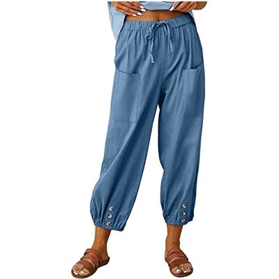 ASKSA Damesbroek, 7/8 broek, wijde pijpen, zomerbroek, licht, casual, linnen, met zakken, blauw, XL XL ASKSA Damesbroek, 7/8 broek, wijde pijpen, zomerbroek, licht, casual, linnen, met zakken, blauw, XL XL
