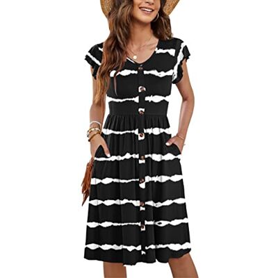 MOLERANI Zomerjurk voor dames, casual, ruches, V-hals, elastische taille, midi-jurk met zakken, maten S-2XL, Zwarte golvende strepen, XL XL MOLERANI Zomerjurk voor dames, casual, ruches, V-hals, elastische taille, midi-jurk met zakken, maten S-2XL, Zwarte golvende strepen, XL XL