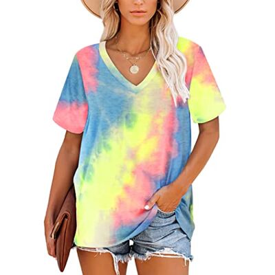 MOLERANI Casual zomershirt met korte mouwen en V-hals voor dames, Regenboog 3XL MOLERANI Casual zomershirt met korte mouwen en V-hals voor dames, Regenboog 3XL