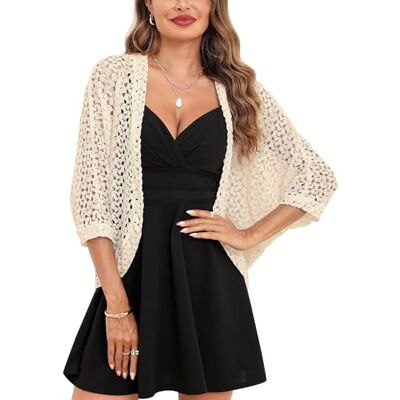 Gyabnw NC gebreide damesbolero, elegante bolero, kanten jas, feestelijk, cardigan, korte blazer, feestelijke bolero met 3/4 mouwen, voor avondjurken, cocktailjurk, Abrikoos, L L Gyabnw NC gebreide damesbolero, elegante bolero, kanten jas, feestelijk, cardigan, korte blazer, feestelijke bolero met 3/4 mouwen, voor avondjurken, cocktailjurk, Abrikoos, L L