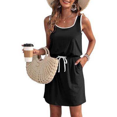 WNEEDU Zomerjurk voor dames, mouwloos, U-hals, trekkoord, luchtige jurk met zakken, zwart/wit, M M WNEEDU Zomerjurk voor dames, mouwloos, U-hals, trekkoord, luchtige jurk met zakken, zwart/wit, M M