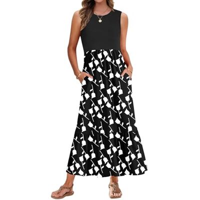 AUSELILY Lange mouwloze damesjurk met zakken, Zwart-witte tulpen M AUSELILY Lange mouwloze damesjurk met zakken, Zwart-witte tulpen M
