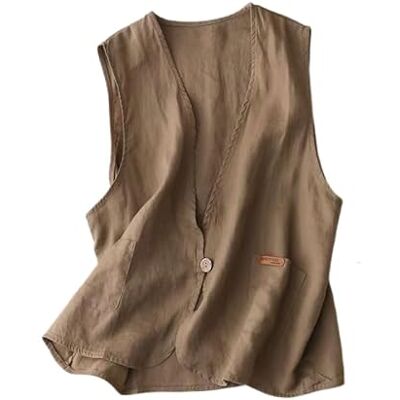 LCDIUDIU Katoenen linnen vest voor dames, mouwloos, vintage V-hals, kostuumvest met knopen, zakelijk casual vest, gekruiste rug, lichte zomerjas voor dames Co LCDIUDIU Katoenen linnen vest voor dames, mouwloos, vintage V-hals, kostuumvest met knopen, zakelijk casual vest, gekruiste rug, lichte zomerjas voor dames Co