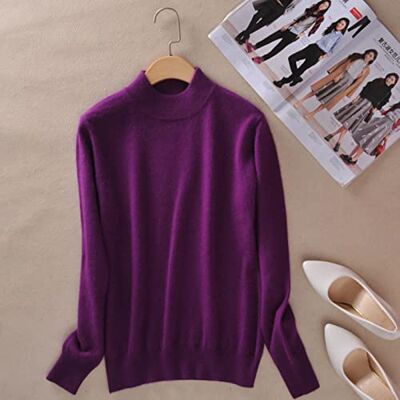 BEQUAH Dames halve coltrui kasjmier wol en katoenmix trui herfst winter trui dagelijkse basic warme gebreide trui dames-paars, XL BEQUAH Dames halve coltrui kasjmier wol en katoenmix trui herfst winter trui dagelijkse basic warme gebreide trui dames-paars, XL