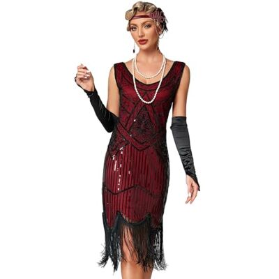 Viloree 1920 pailletten verfraaid kwastjes plooien flapper dames mini feestjurk gastvrijheid, Zwart Bourgondië XXL Viloree 1920 pailletten verfraaid kwastjes plooien flapper dames mini feestjurk gastvrijheid, Zwart Bourgondië XXL
