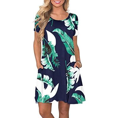 AUSELILY Zomerjurk met A-lijn voor dames, casual T-shirtjurk met korte mouwen en zakken voor dames, Blauwe print XL AUSELILY Zomerjurk met A-lijn voor dames, casual T-shirtjurk met korte mouwen en zakken voor dames, Blauwe print XL