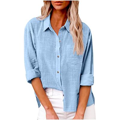 SMIDOW Damesoverhemd met knoopsluiting van katoen en linnen, Lichtblauw, 4XL 4XL SMIDOW Damesoverhemd met knoopsluiting van katoen en linnen, Lichtblauw, 4XL 4XL