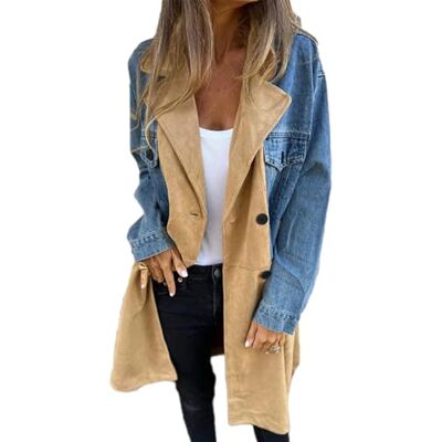 jyyyou Halflange trenchcoat met jeansnaden, reversknoop, spijkerjack met lange mouwen, trenchcoat voor dames, klassieke jas met revers jyyyou Halflange trenchcoat met jeansnaden, reversknoop, spijkerjack met lange mouwen, trenchcoat voor dames, klassieke jas met revers