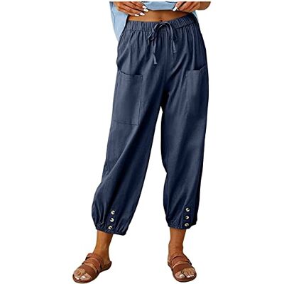 ASKSA Damesbroek, 7/8 broek, wijde pijpen, zomerbroek, licht, casual, linnen, met zakken, marineblauw, XL XL ASKSA Damesbroek, 7/8 broek, wijde pijpen, zomerbroek, licht, casual, linnen, met zakken, marineblauw, XL XL