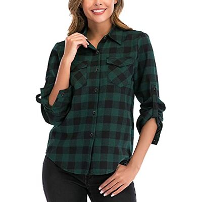 Enjoyoself Geruite flanellen damesblouse met lange mouwen, overhemd van 100% katoen, blouse met knoopsluiting voor dagelijks gebruik, Groen M Enjoyoself Geruite flanellen damesblouse met lange mouwen, overhemd van 100% katoen, blouse met knoopsluiting voor dagelijks gebruik, Groen M