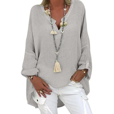 Tincini Linnen blouse voor dames Zomertuniek V-hals Grote maten Lange mouwen Linnen en katoen Bedrukt, F grijs, XXL XXL Tincini Linnen blouse voor dames Zomertuniek V-hals Grote maten Lange mouwen Linnen en katoen Bedrukt, F grijs, XXL XXL