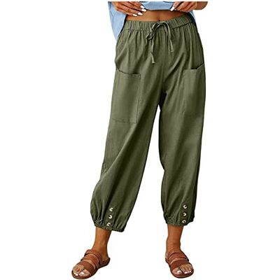 ASKSA Damesbroek, 7/8, wijde pijpen, zomerbroek, licht, casual, linnen, met zakken, legergroen, XL XL ASKSA Damesbroek, 7/8, wijde pijpen, zomerbroek, licht, casual, linnen, met zakken, legergroen, XL XL