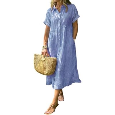 CupitiDU Casual zomerjurk met knoopsluiting en functionele zakken, losse pasvorm, Blauw, XXL XXL CupitiDU Casual zomerjurk met knoopsluiting en functionele zakken, losse pasvorm, Blauw, XXL XXL