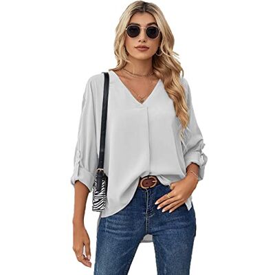 LCDIUDIU Zomertops voor dames, overhemden met lange mouwen voor dames, witte V-hals, manchetten van chiffon, split zoom, split zoom, lichte blouses, voor lente, herfst LCDIUDIU Zomertops voor dames, overhemden met lange mouwen voor dames, witte V-hals, manchetten van chiffon, split zoom, split zoom, lichte blouses, voor lente, herfst