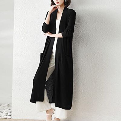 jiaren Damesvest, lang, elegant, zwart, cardigan, fijn gebreid en zacht, open aan de voorkant, trui met lange mouwen, drijvende jas, outwear met zakken, lang vest voor dames jiaren Damesvest, lang, elegant, zwart, cardigan, fijn gebreid en zacht, open aan de voorkant, trui met lange mouwen, drijvende jas, outwear met zakken, lang vest voor dames