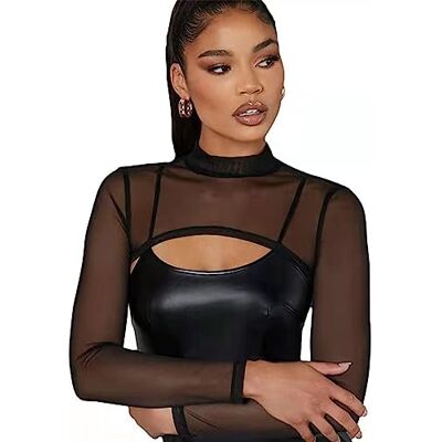 SamHeng Mesh crop top voor dames, zwart, opstaande kraag, lange mouwen, sexy doorkijkend overhemd, slim fit, voor zwemmen, strand, club, yoga, sport M SamHeng Mesh crop top voor dames, zwart, opstaande kraag, lange mouwen, sexy doorkijkend overhemd, slim fit, voor zwemmen, strand, club, yoga, sport M