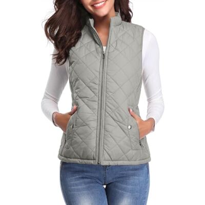 Fuinloth Mouwloze donsjas voor dames, lichte coltrui, jas met ritssluiting, wintervest, grijs. M Fuinloth Mouwloze donsjas voor dames, lichte coltrui, jas met ritssluiting, wintervest, grijs. M