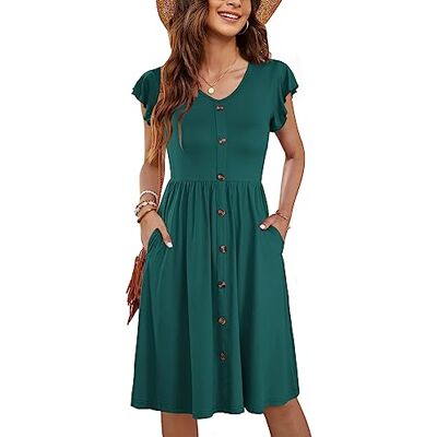 MOLERANI Zomerjurk voor dames, casual, ruches, V-hals, elastische taille, midi-jurk met zakken, maten S-2XL, Donkergroen L MOLERANI Zomerjurk voor dames, casual, ruches, V-hals, elastische taille, midi-jurk met zakken, maten S-2XL, Donkergroen L