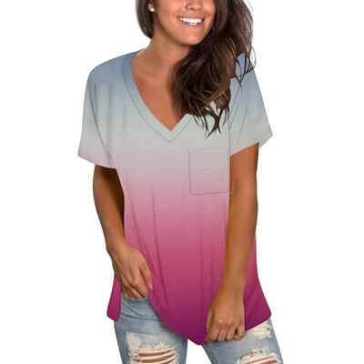 MOLERANI Casual zomershirt met korte mouwen en V-hals voor dames, Gradiënt grijs-roze-2, L L MOLERANI Casual zomershirt met korte mouwen en V-hals voor dames, Gradiënt grijs-roze-2, L L