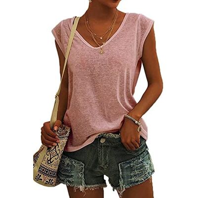 ASKSA Dames-T-shirt met v-hals, effen kleur, lange mouwen, casual, wijd model, basic, Roze M ASKSA Dames-T-shirt met v-hals, effen kleur, lange mouwen, casual, wijd model, basic, Roze M