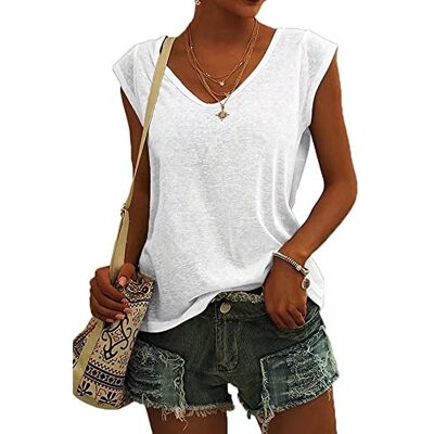 ASKSA Dames-T-shirt met v-hals, effen kleur, lange mouwen, casual, wijd model, basic, Wit M ASKSA Dames-T-shirt met v-hals, effen kleur, lange mouwen, casual, wijd model, basic, Wit M