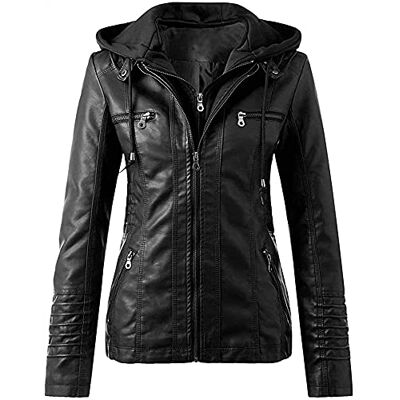 CRMY Modieuze vintage jas voor dames, overgangsjas, leren jas, bikerjas met capuchon, pilotenjack, kunstleer, slimfit, casual, herfst, winter CRMY Modieuze vintage jas voor dames, overgangsjas, leren jas, bikerjas met capuchon, pilotenjack, kunstleer, slimfit, casual, herfst, winter