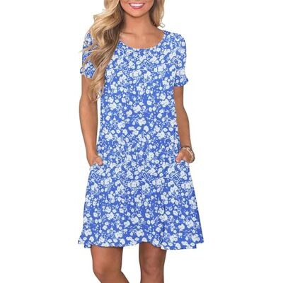 AUSELILY Zomerjurk met A-lijn voor dames, casual T-shirtjurk met korte mouwen en zakken, Bloemen Blauw Wit, L L AUSELILY Zomerjurk met A-lijn voor dames, casual T-shirtjurk met korte mouwen en zakken, Bloemen Blauw Wit, L L