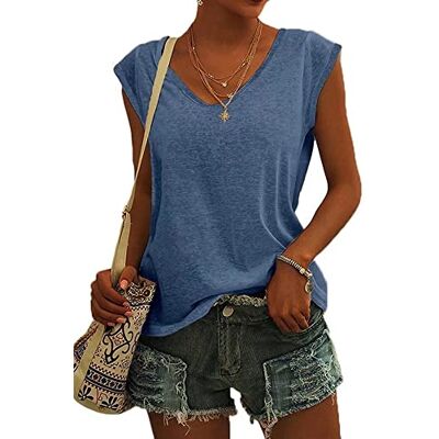ASKSA Dames-T-shirt met v-hals, effen kleur, lange mouwen, casual, wijd model, basic, Blauw S ASKSA Dames-T-shirt met v-hals, effen kleur, lange mouwen, casual, wijd model, basic, Blauw S
