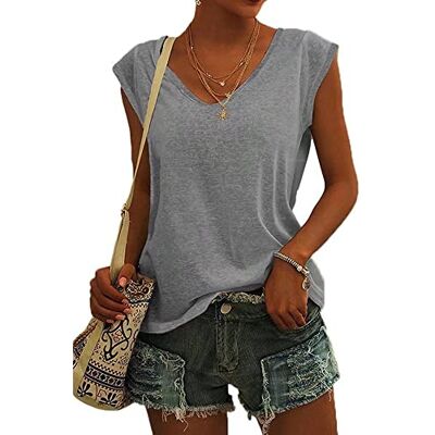 ASKSA Dames-T-shirt met v-hals, effen kleur, lange mouwen, casual, wijd model, basic, grijs. S ASKSA Dames-T-shirt met v-hals, effen kleur, lange mouwen, casual, wijd model, basic, grijs. S