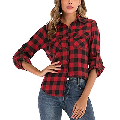 Enjoyoself Geruite flanellen damesblouse met lange mouwen, overhemd van 100% katoen, blouse met knoopsluiting voor dagelijks gebruik, Rood XL Enjoyoself Geruite flanellen damesblouse met lange mouwen, overhemd van 100% katoen, blouse met knoopsluiting voor dagelijks gebruik, Rood XL