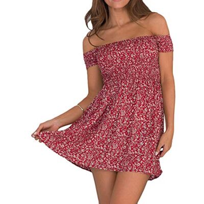 HAHAEMMA Damesjurk, zomer, bustier, schouder, boho, kleurrijk, bloemen, casual, mini-strand, Blauw Moyen HAHAEMMA Damesjurk, zomer, bustier, schouder, boho, kleurrijk, bloemen, casual, mini-strand, Blauw Moyen