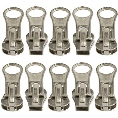 AERZETIX C62937-Set van 10 zelfborgende ritslopers nr. 5 voor ritssluitingen met kunststof of metalen tanden Kleur: zilver Metalen Voor jassen, mantels, rokken en jurken AERZETIX C62937-Set van 10 zelfborgende ritslopers nr. 5 voor ritssluitingen met kunststof of metalen tanden Kleur: zilver Metalen Voor jassen, mantels, rokken en jurken