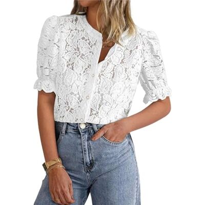 LLECDASEUI Elegante kanten blouse voor dames 2025 Zomertuniek met korte pofmouwen Ronde hals, wit, M M LLECDASEUI Elegante kanten blouse voor dames 2025 Zomertuniek met korte pofmouwen Ronde hals, wit, M M