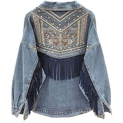 BROLEO Jeansjas voor dames, denim jas met kwastjes, boho, voor dames, bloemenborduurwerk, suède, franjes, jeans, tops, getailleerd, stretch, trucker, knopen, denim, jas, vest, cropped jeansjas voor meisjes BROLEO Jeansjas voor dames, denim jas met kwastjes, boho, voor dames, bloemenborduurwerk, suède, franjes, jeans, tops, getailleerd, stretch, trucker, knopen, denim, jas, vest, cropped jeansjas voor meisjes