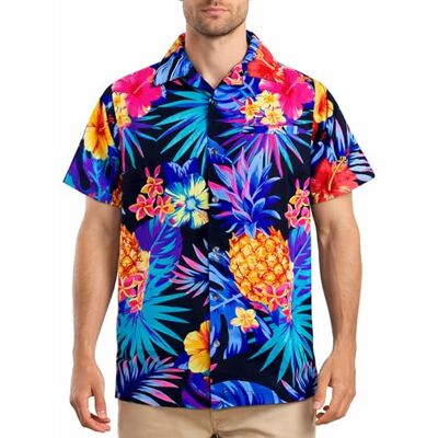 King Kameha Funky herenhemd met korte mouwen, met voorzaal, hawaïprint, ananas-, palmboom- en bloemenmotief, Zwart Blauw L King Kameha Funky herenhemd met korte mouwen, met voorzaal, hawaïprint, ananas-, palmboom- en bloemenmotief, Zwart Blauw L