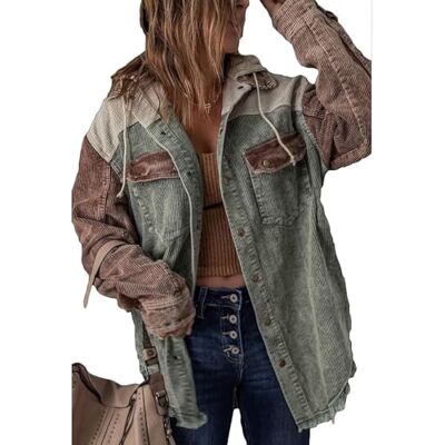 NLAVW Bruine corduroy jas voor dames, jas met lange mouwen, herfst en winter NLAVW Bruine corduroy jas voor dames, jas met lange mouwen, herfst en winter