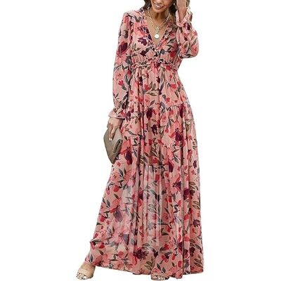 Judy1980 Elegante bohemien chiffon maxi-jurk met lange mouwen voor dames, bloemenpatroon, maat M, veelkleurig, meerkleurig M Judy1980 Elegante bohemien chiffon maxi-jurk met lange mouwen voor dames, bloemenpatroon, maat M, veelkleurig, meerkleurig M