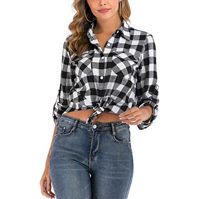 Enjoyoself Geruite flanellen damesblouse met lange mouwen, overhemd van 100% katoen, blouse met knoopsluiting voor dagelijks gebruik, Zwart en wit. XL Enjoyoself Geruite flanellen damesblouse met lange mouwen, overhemd van 100% katoen, blouse met knoopsluiting voor dagelijks gebruik, Zwart en wit. XL