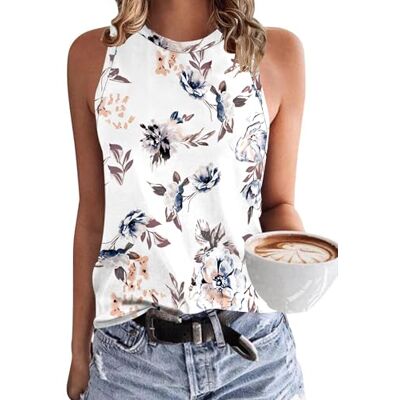 WNEEDU Tanktop voor dames, basic tops, zomer, ronde hals, mouwloos, vest, top, blouse, T-shirt, dames, Witte bloem M WNEEDU Tanktop voor dames, basic tops, zomer, ronde hals, mouwloos, vest, top, blouse, T-shirt, dames, Witte bloem M