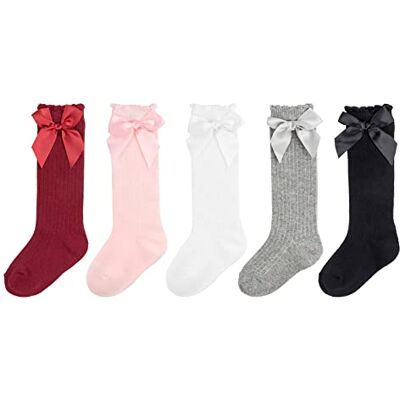 DRESHOW Hoge kousen voor baby's, meisjes, geklede kousen voor peuters, katoenen babykousen met strik 8-10 jaar DRESHOW Hoge kousen voor baby's, meisjes, geklede kousen voor peuters, katoenen babykousen met strik 8-10 jaar