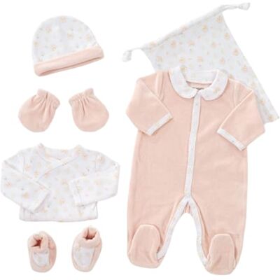 Kinousses Babygeboorteset, 6-delig (pyjama, bodysuit, muts, wanten, pantoffels en opbergzak), cadeau voor babymeisjes, Oeko-Tex-gecertificeerd, regenboogmotief, roze Kinousses Babygeboorteset, 6-delig (pyjama, bodysuit, muts, wanten, pantoffels en opbergzak), cadeau voor babymeisjes, Oeko-Tex-gecertificeerd, regenboogmotief, roze