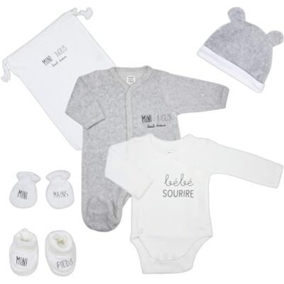Trois Kilos Sept 6-delige geboorteset (bodysuit, muts, pantoffels, wanten, tas, pyjama) – 0 maanden – Mini Nous Trois Kilos Sept 6-delige geboorteset (bodysuit, muts, pantoffels, wanten, tas, pyjama) – 0 maanden – Mini Nous
