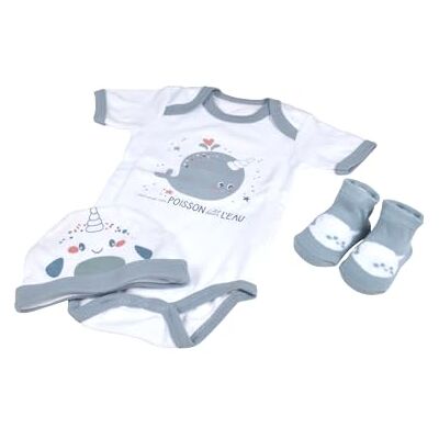 Bébé Douceur , Set body + muts + sokken voor geboortemaat 100% katoen Narval Ocean Bébé Douceur , Set body + muts + sokken voor geboortemaat 100% katoen Narval Ocean