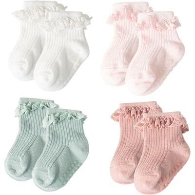 DRESHOW Kanten striksokken voor baby's, antislip, stroken, stroken, strokensokken voor pasgeborenen en meisjes 0-12 maanden DRESHOW Kanten striksokken voor baby's, antislip, stroken, stroken, strokensokken voor pasgeborenen en meisjes 0-12 maanden