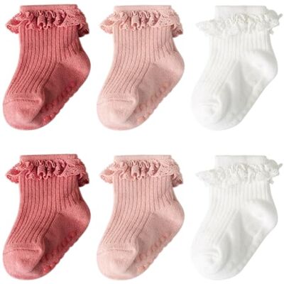 DRESHOW Kanten striksokken voor baby's, antislip, stroken, stroken, strokensokken voor pasgeborenen en meisjes, 6 paar antislipsokken: 16-03 0-6 mois DRESHOW Kanten striksokken voor baby's, antislip, stroken, stroken, strokensokken voor pasgeborenen en meisjes, 6 paar antislipsokken: 16-03 0-6 mois