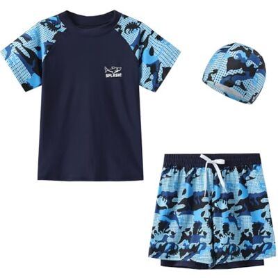 FedMois Zwempak voor jongens, 3-delig, uv-bescherming, T-shirt + zwemshorts met compressievoering + badmuts, Blauw 9-11 ans FedMois Zwempak voor jongens, 3-delig, uv-bescherming, T-shirt + zwemshorts met compressievoering + badmuts, Blauw 9-11 ans