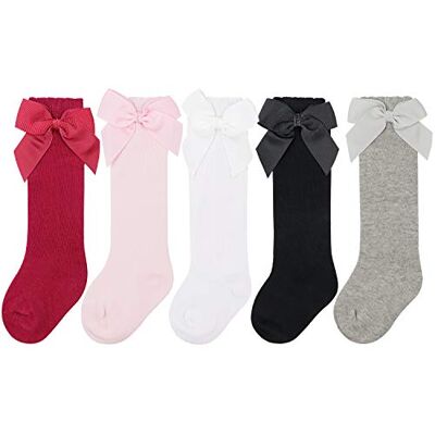 DRESHOW Hoge kousen voor baby's, meisjes, geklede kousen voor peuters, katoenen babykousen met strik 3-5 jaar DRESHOW Hoge kousen voor baby's, meisjes, geklede kousen voor peuters, katoenen babykousen met strik 3-5 jaar