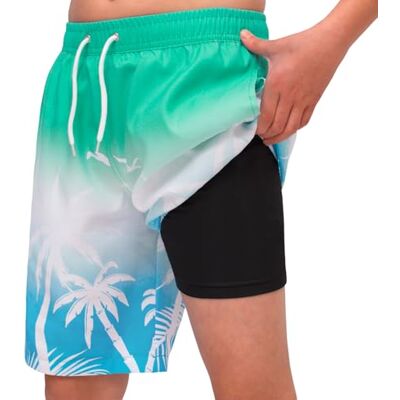 MEILONGER 2-in-1 zwemshorts voor jongens, sneldrogend, zwemshorts met compressie, binnenslip, verstelbaar trekkoord, Groen Wit Blunero 176 MEILONGER 2-in-1 zwemshorts voor jongens, sneldrogend, zwemshorts met compressie, binnenslip, verstelbaar trekkoord, Groen Wit Blunero 176