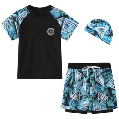 FedMois Badpak voor jongens, 3-delig, uv-bescherming, T-shirt + zwemshorts met compressievoering + badmuts, Groen, 6 jaar 6 jaar FedMois Badpak voor jongens, 3-delig, uv-bescherming, T-shirt + zwemshorts met compressievoering + badmuts, Groen, 6 jaar 6 jaar